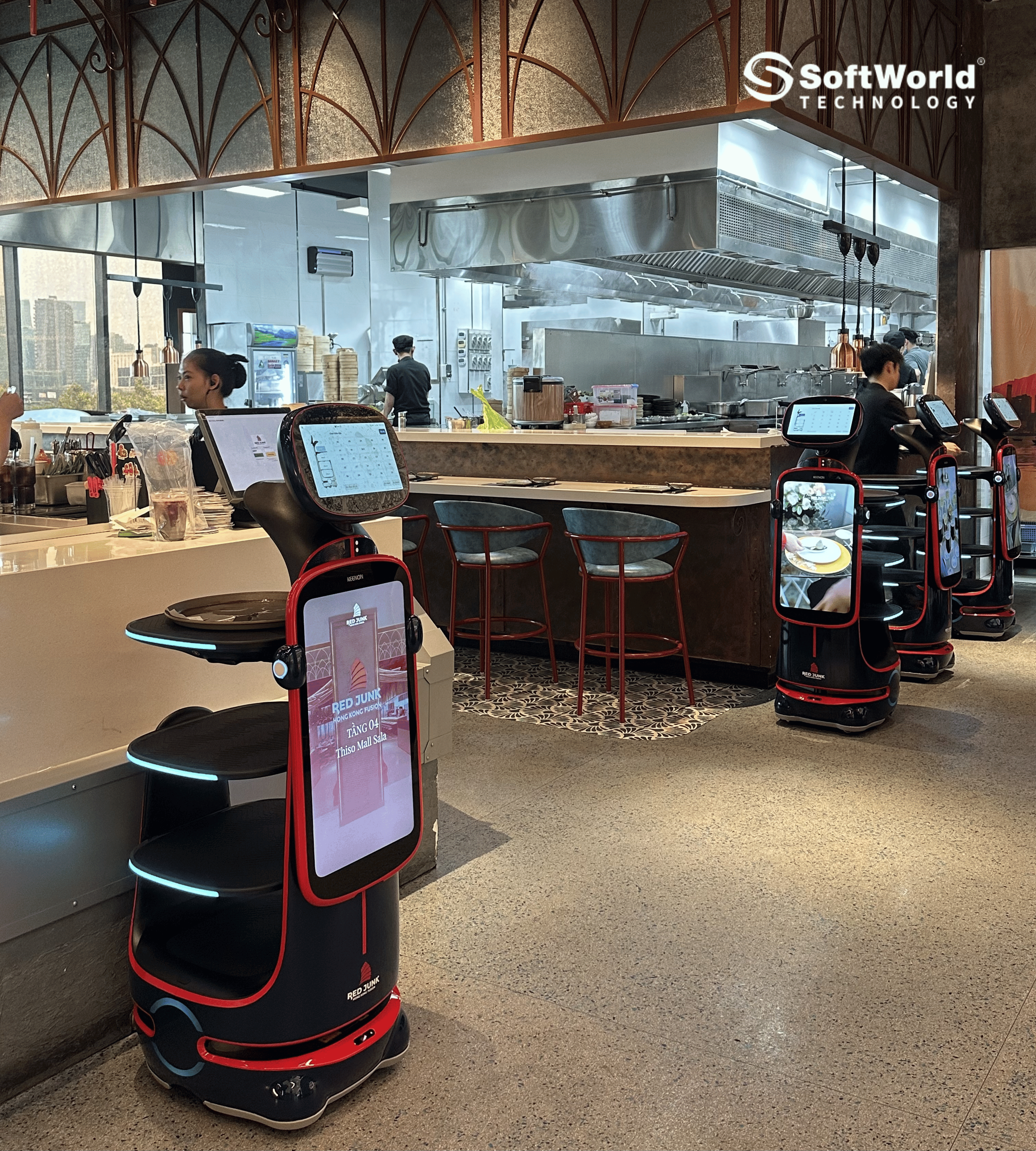 TomAI Robotics screen displaying promotions and menu information